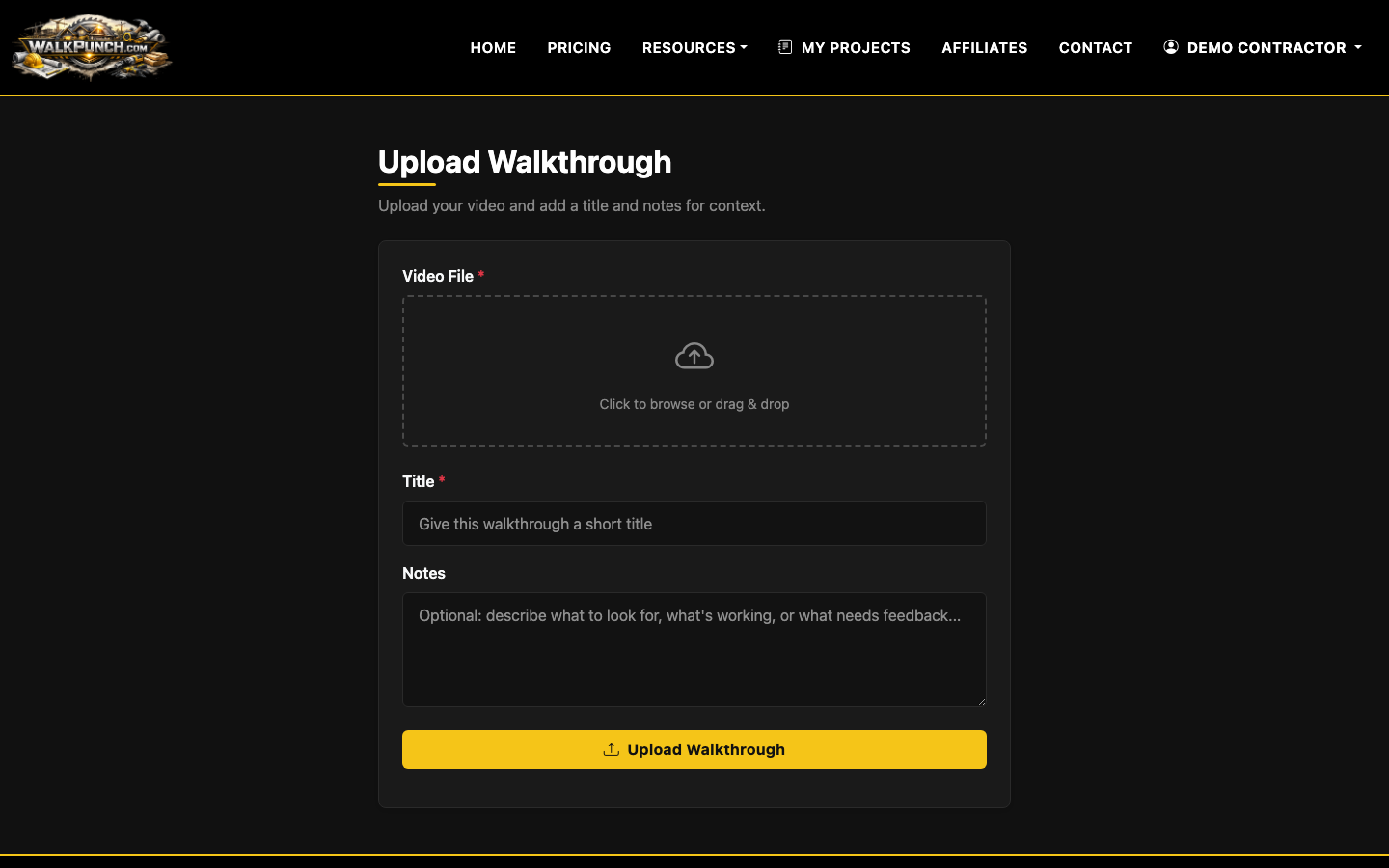 Upload an MP4, MOV, or M4V walkthrough video for processing